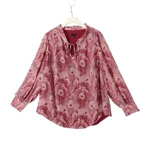 Talbots Metallic Peacock Bird Ruffle Trim Long Sleeve Top Pink Womens 1X Weathly